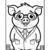 A cartoon pig character wearing glasses and a suit stands smiling, with a tie and pockets, next to stacks of coins on the left side.