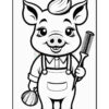 A cartoon pig character with a cheerful expression, wearing overalls and a collared shirt, holding a comb in one hand and a bag in the other.