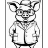 A cartoon pig character wearing glasses and a hat, dressed in a formal suit with pockets, standing confidently with hands on hips, outlined in black and white.