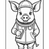 A cartoon pig character wearing a winter hat and a jacket, holding a book. The pig has a friendly expression with large eyes and is standing upright, with its ears perked up and tail visible.