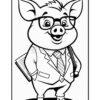 A cartoon pig character wearing glasses and a suit, holding a briefcase, standing confidently with a smile. The pig has a curly tail and a striped tie, with the background being plain to emphasize the character.