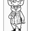 A cartoon pig character wearing glasses and a suit with a tie, standing confidently with one hand on its hip and a friendly smile, outlined in black and white for coloring.