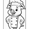 A cartoon pig character wearing a chef's hat and a chef's coat with buttons, smiling and posing with one hand on its hip.
