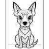 A cartoon-style illustration of a dog with large, expressive eyes and pointy ears, featuring a heart-shaped design on its chest, outlined in black for coloring.