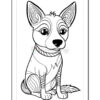 A cartoon-style black and white illustration of a seated dog with large ears, big eyes, and a bushy tail. The dog has a patterned fur design and a playful expression.