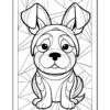 A cartoon-style outline drawing of a cute dog with floppy ears and big eyes, set against a geometric background with various angular shapes. The dog has a rounded body and a playful expression, suitable for coloring.