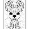 A cartoon-style outline drawing of a sitting dog with large ears and big eyes, designed for coloring. The dog has a wavy fur texture and is wearing a collar, set against a geometric background.