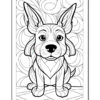 A black and white line drawing of a sitting dog with large ears and expressive eyes, surrounded by abstract circular patterns in the background and geometric shapes beneath it, intended for coloring.