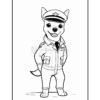 A cartoon dog dressed as a pilot, wearing a cap, a uniform jacket with pockets, and a tie, standing with a confident pose and a smile.