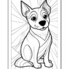 A cartoon-style outlined drawing of a seated dog with large eyes and perked ears, set against a background of radiating lines, ready for coloring.