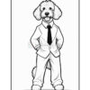 A cartoon dog standing upright, dressed in a suit and tie, with fluffy fur and a playful expression.