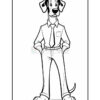 A cartoon dog standing upright, wearing a collared shirt and tie, with pants and shoes, displaying a confident pose and a friendly expression.