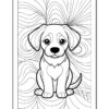 A coloring page featuring a cartoon-style cartoon dog with large eyes and floppy ears, sitting against a swirling patterned background.