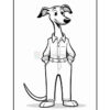 A cartoon dog standing upright with a friendly expression, wearing a collared shirt and pants, with its hands in the pockets and a wagging tail.