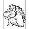 A cartoonish dragon-like character with a large, bulky body, sharp spikes along its back, and a menacing expression. It has a broad snout and sharp teeth, detailed lines indicating its muscular arms and distinctive striped stomach pattern. The illustration is in black and white, suitable for coloring.