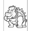 A cartoon character resembling a muscular creature with spiked shell and large fists, depicted in a side profile pose. The character has an angry expression, with prominent features including a large head and thick eyebrows. The image is outlined in black and is ready for coloring.
