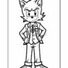 A cartoon fox character dressed in a formal suit and tie, standing confidently with hands on hips, featuring spiky hair and a friendly expression, outlined in black and white for coloring.