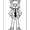 A cartoon fox character dressed in a business suit, with a tie and confident expression, standing with hands on hips. The character has large ears, spiky hair, and is wearing shoes with a slightly casual look.
