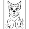 A black and white coloring page featuring a cartoon-style corgi sitting with a playful expression, set against a striped floor.