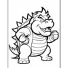 A cartoon character resembling a large, muscular dinosaur with spikes on its back, standing in a powerful pose with clenched fists and an intimidating expression. The character has a stout, rounded body, large head, and sharp teeth, outlined in thick black lines, suitable for coloring.