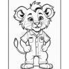 A cartoon lion character standing confidently with arms crossed, wearing a short-sleeved shirt and shorts. The lion has a friendly expression, with large eyes and a tuft of hair on its head, depicted in a black and white, coloring book style.