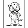 A cartoon lion character standing confidently with its arms crossed, wearing a button-up shirt and pants, and has a pocket on its shirt. The lion has a friendly expression and a tuft of fur on its head, set against a plain white background.