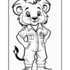 A cartoon lion character wearing a button-up shirt with two pockets and a badge, standing with hands on hips and smiling. The lion has a bushy mane and a playful expression, with a curly tail visible.