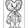 A cartoon lion character wearing a button-up shirt and tie, standing with arms crossed, in a friendly pose. The lion has a stylized mane and is depicted in a black and white coloring book style.