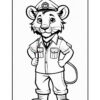 A cartoon lion character dressed as a police officer, with a cap, button-up shirt, and pants, standing confidently with hands on hips. The illustration is in black and white, designed for coloring.