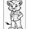 A cartoon lion character standing confidently with hands on hips, wearing a button-up shirt, cargo pants, and shoes. The lion has a friendly expression, with a tuft of hair on its head and a tail with a distinctive tip.