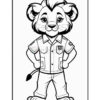 A cartoon lion character with a friendly expression, wearing a button-up shirt and trousers, standing with hands on hips. The lion has a tuft of styled hair and is in a simple black and white coloring page format.