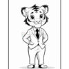 A cartoon tiger character wearing a light-colored suit and tie, standing with hands on its hips and a confident expression.