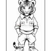 A cartoon tiger standing on two legs, wearing a button-up shirt and baggy pants, with hands on its hips. The tiger has a friendly expression and is wearing sneakers. Its tail is visible in the background.
