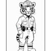 A cartoon tiger character dressed as a police officer, wearing a uniform with a badge and belt, standing upright with a serious expression and a striped tail, against a plain white background.