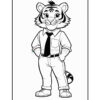 A cartoon tiger character standing confidently, wearing a white shirt and black tie, with rolled-up sleeves and light-colored pants. The character has a cheerful expression, prominent stripes, and is wearing casual shoes.