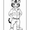 A cartoon tiger character standing confidently with its hands on its hips, wearing a buttoned shirt, rolled-up jeans, and sneakers. The design is outlined in black and intended for coloring, featuring distinct tiger stripes on its face and a bushy tail.