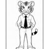 A cartoon tiger character dressed in a button-up shirt and tie, with hands casually in pockets, showing a friendly expression, standing against a plain background.