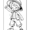 A cheerful cartoon boy with short tousled hair wearing a wide-brimmed hat, a sleeveless shirt, and rolled-up shorts, enthusiastically raising one hand in a fist while smiling broadly.