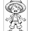 A cheerful cartoon boy with short hair wearing a large straw hat, a button-up shirt, and shorts, stands with his arms outstretched in a welcoming pose, smiling broadly.
