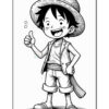 A cartoon character with short black hair wearing a wide-brimmed hat, a light shirt, and shorts, giving a thumbs-up gesture. The character has a cheerful expression and is outlined in black and white, making it suitable for coloring.