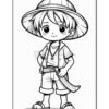 A young boy character wearing a large hat and casual clothing, standing confidently with a sword at his side, featuring a playful expression. The illustration is in black and white, suitable for coloring.