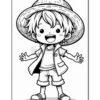 A cartoon character with spiky hair and a wide smile, wearing a straw hat, a short-sleeve shirt, and shorts, standing with arms outstretched in a playful pose. The character has a cheerful expression and simple features, suitable for a coloring page.