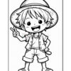 A cheerful cartoon character with short, spiky hair and a large straw hat, wearing a casual outfit consisting of a short-sleeved shirt and shorts. The character is giving a peace sign with one hand and has a playful expression on its face, standing against a plain white background.