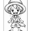 A cartoon character with spiky hair and a wide-brimmed straw hat, wearing a short-sleeved shirt and shorts, stands smiling. He has a necklace and is barefoot, with a flowing scarf attached at his waist.