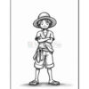 A cartoon-style boy with short spiky hair and wearing a wide-brimmed straw hat, standing confidently with his arms crossed. He has a casual outfit consisting of a short-sleeved shirt, baggy shorts, and sandals. The image is in black and white, suitable for coloring.