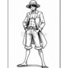 A stylized black and white illustration of a young boy wearing a straw hat, a long coat, a fitted shirt revealing a muscular torso, and shorts with rolled cuffs, standing confidently with his hands in his pockets.