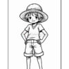 A young boy with short hair and a large straw hat, wearing a short-sleeved shirt and rolled-up shorts, stands confidently with his hands on his hips, smiling.