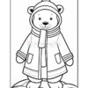 A cartoon-style polar bear wearing a winter coat and a hat with a pom-pom, standing on a snow mound. The bear has a cheerful expression and is wrapped in a scarf.