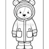 A cute cartoon bear character wearing a coat with a hood and mittens, depicted in outline style for coloring. The bear has a smiling face with small ears peeking out from the hood and is standing upright with pockets on the coat and wearing chunky boots.
