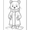 A cartoonish animal character, resembling a weasel, stands on a small patch of snow. It has a friendly expression, wearing a large coat and a scarf. The image is in black and white, designed for coloring.